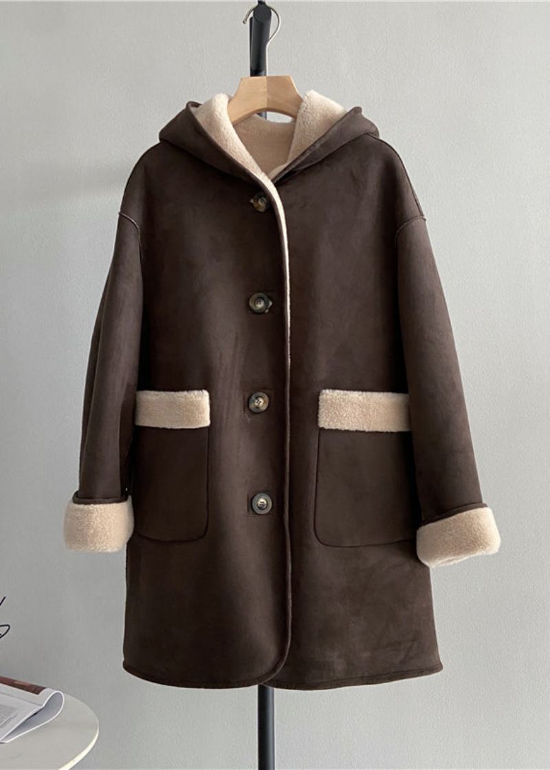 Manteau À Capuche En Laine Pour Femmes Bouton Chocolat Vêtements Des Deux Côtés Hiver - Manteaux en laine femmes