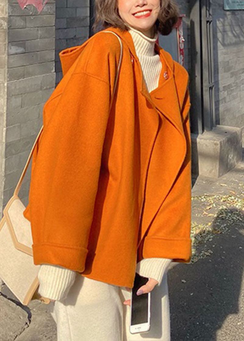 Manteau À Capuche En Laine Patchwork Orange Français Automne - Manteaux en laine femmes