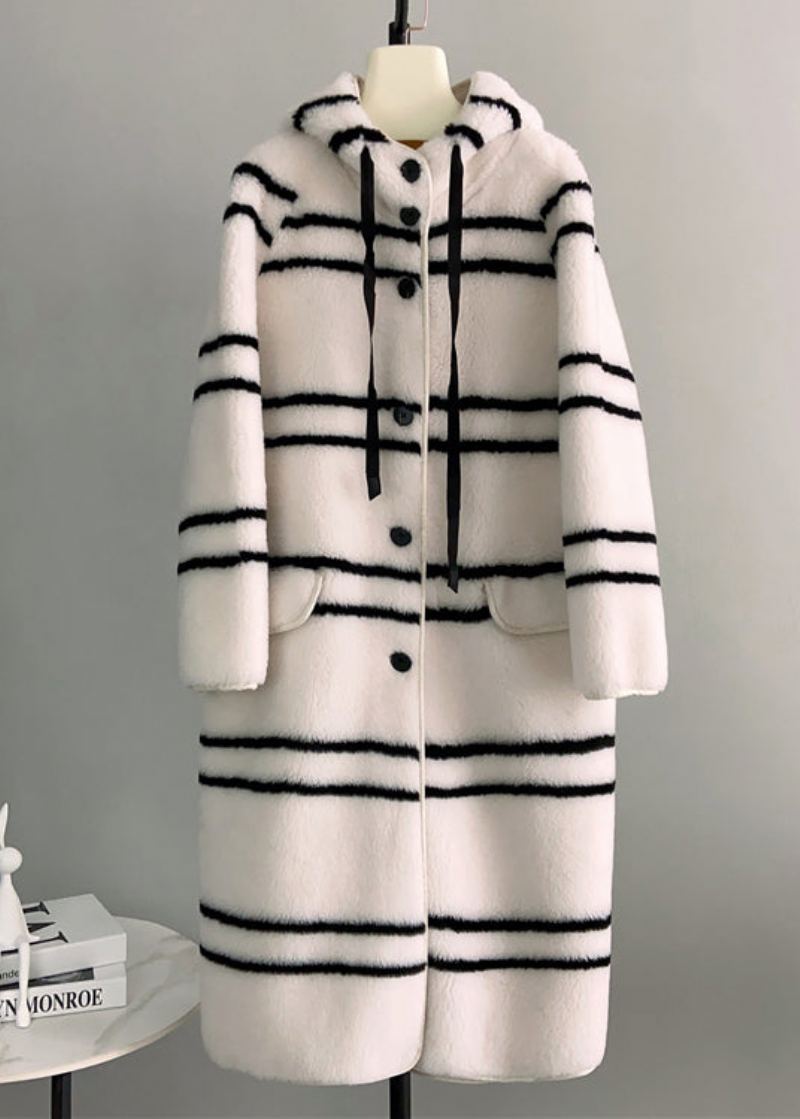 Manteau À Capuche Long En Laine À Rayures Blanches Italiennes Hiver