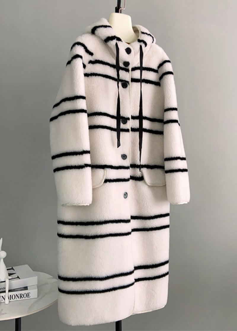 Manteau À Capuche Long En Laine À Rayures Blanches Italiennes Hiver - Manteaux en laine femmes