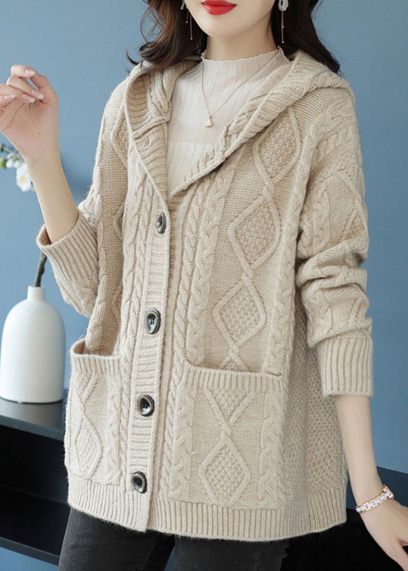 Manteau À Capuche En Tricot De Laine À Boutons Beige Élégant Automne