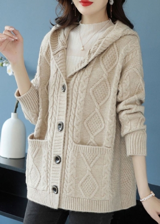 Manteau À Capuche En Tricot De Laine À Boutons Beige Élégant Automne