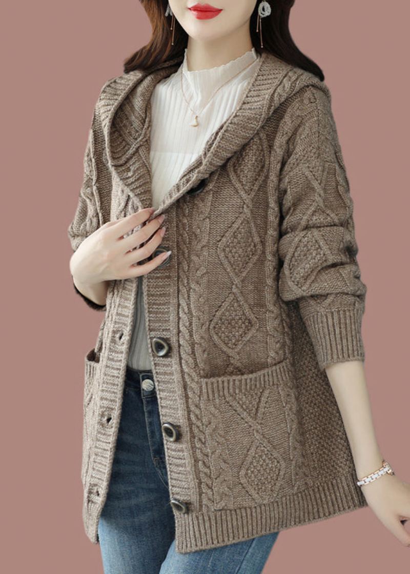 Manteau À Capuche En Tricot De Laine À Boutons Beige Élégant Automne - Beige