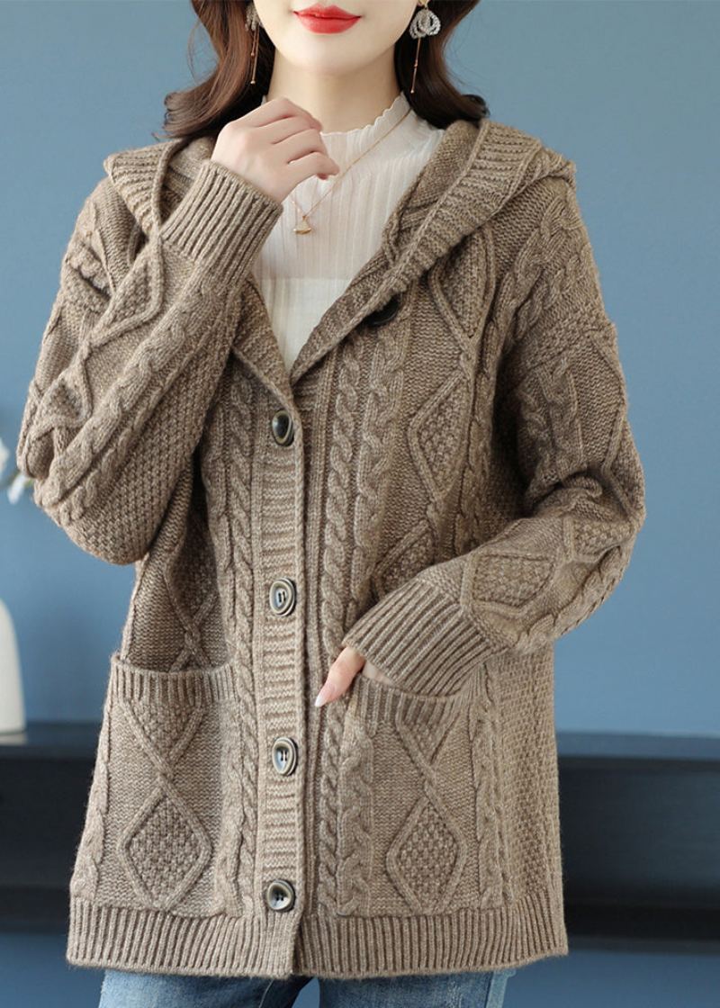 Manteau À Capuche En Tricot De Laine À Boutons Beige Élégant Automne - Beige