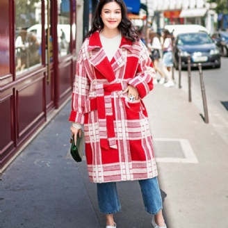 Manteau À Carreaux Rouge Et Blanc Décontracté Cravate Crantée À La Taille Poches À La Mode Vestes En Laine