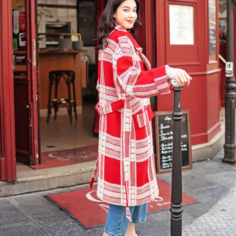 Manteau À Carreaux Rouge Et Blanc Décontracté Cravate Crantée À La Taille Poches À La Mode Vestes En Laine - Manteaux en laine femmes