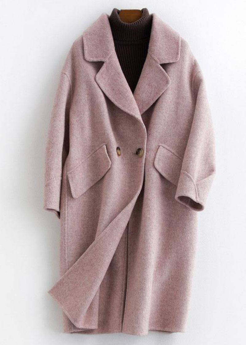 Manteau Cranté En Laine Rose Fin Manteaux Femme Oversize Mi-longs À Poches