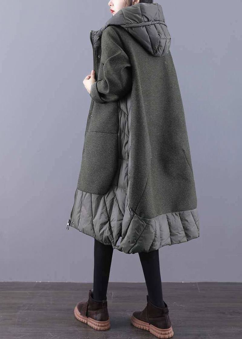 Manteau D’hiver En Laine Patchwork À Capuchon Vert Thé Vintage - Noir