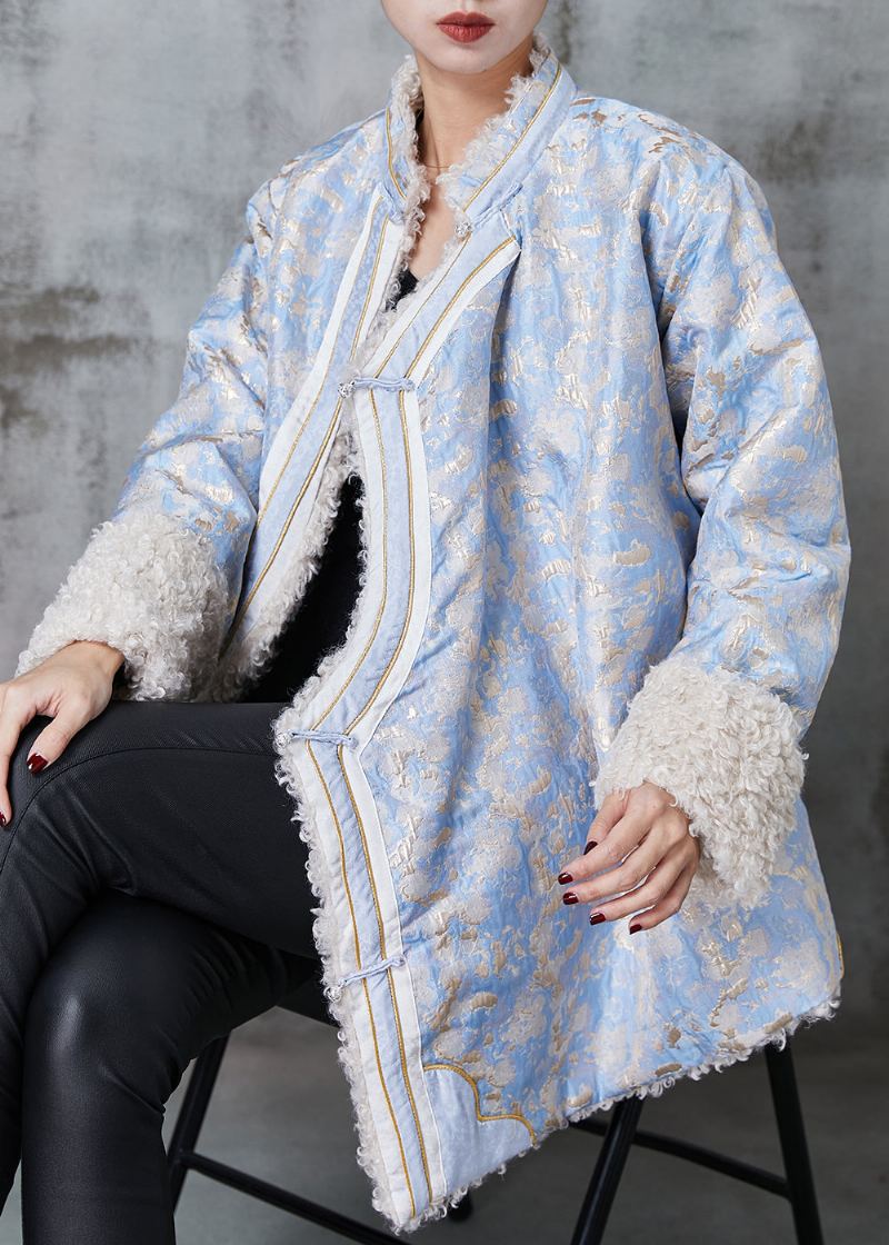 Manteau Doublé En Laine Polaire Jacquard Bleu Vêtements D'extérieur Bouton Chinois Printemps - Manteaux en laine femmes