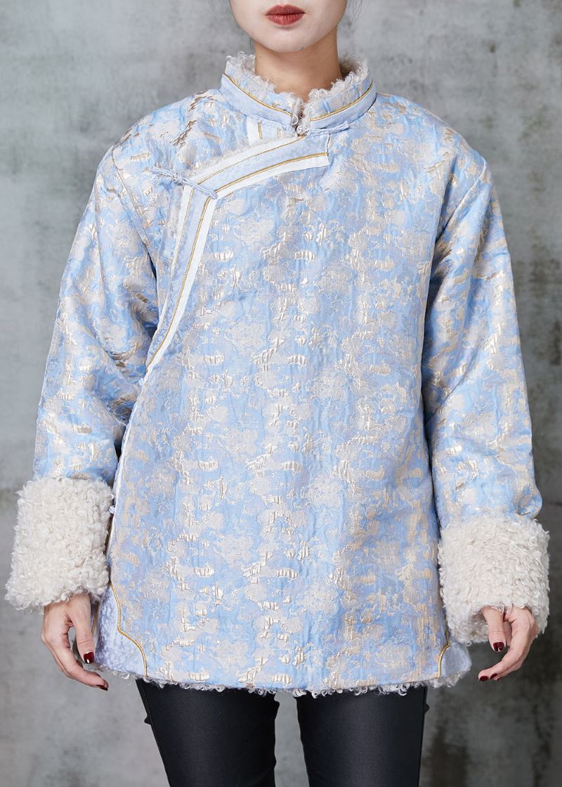 Manteau Doublé En Laine Polaire Jacquard Bleu Vêtements D'extérieur Bouton Chinois Printemps - Manteaux en laine femmes