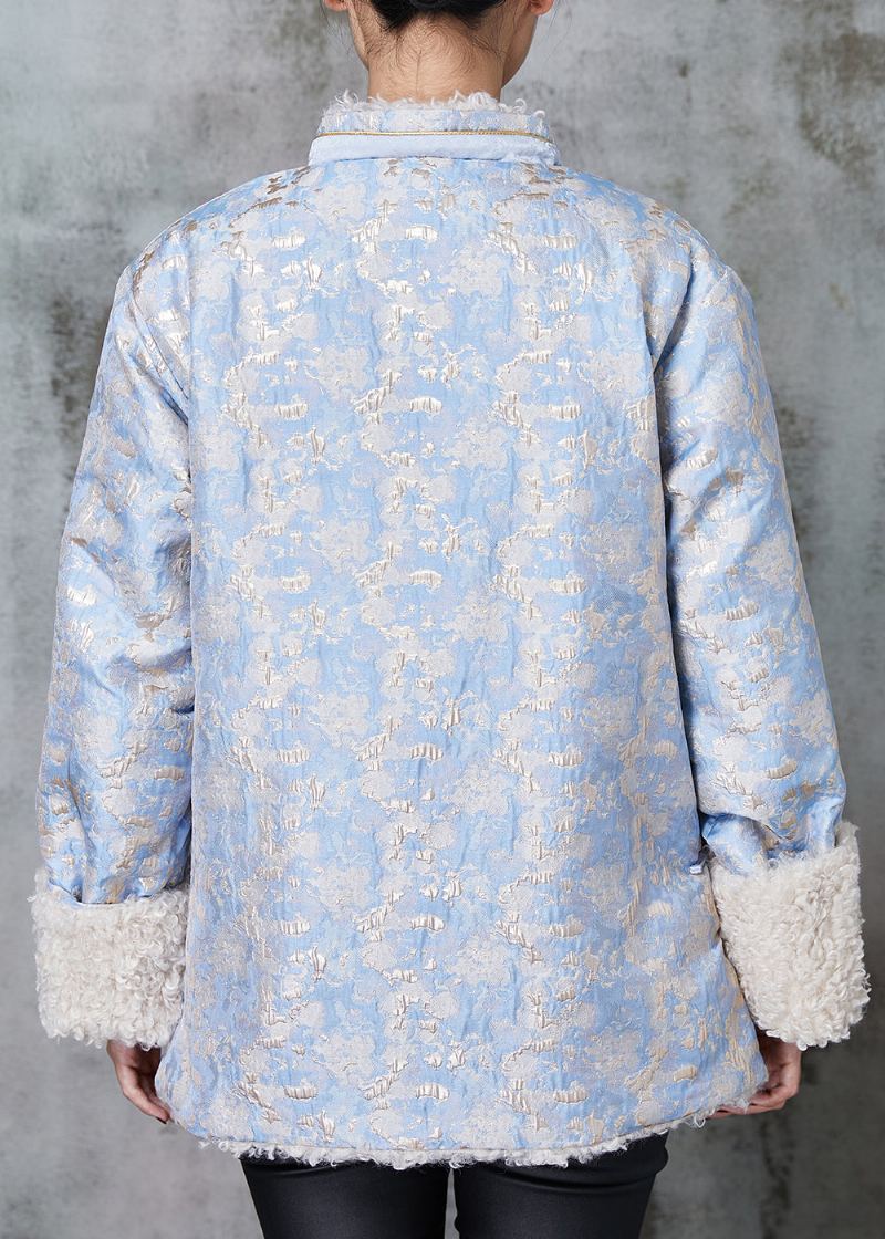 Manteau Doublé En Laine Polaire Jacquard Bleu Vêtements D'extérieur Bouton Chinois Printemps - Manteaux en laine femmes