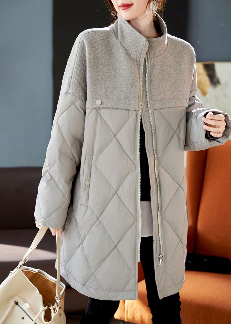 Manteau En Duvet De Canard Gris En Laine Élégant Patchwork Hiver - Manteaux en laine femmes