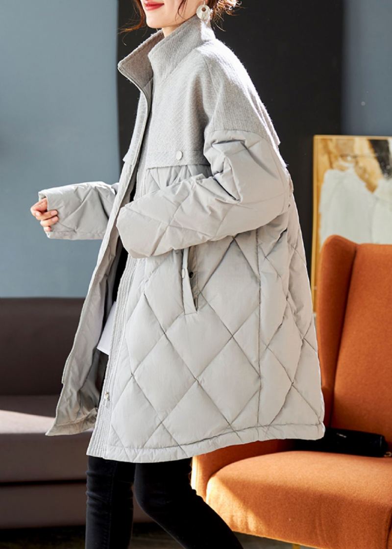 Manteau En Duvet De Canard Gris En Laine Élégant Patchwork Hiver - Manteaux en laine femmes