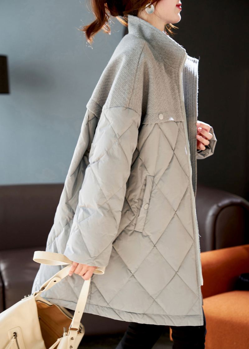 Manteau En Duvet De Canard Gris En Laine Élégant Patchwork Hiver - Manteaux en laine femmes