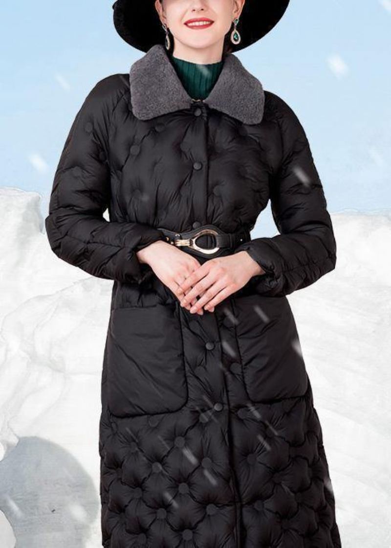 Manteau En Duvet Noir Pour L'hiver Tendance Grande Taille Col En Laine De Lapin Veste D'hiver Avec Poches Vêtements D'extérieur Élégants - Manteaux en laine femmes