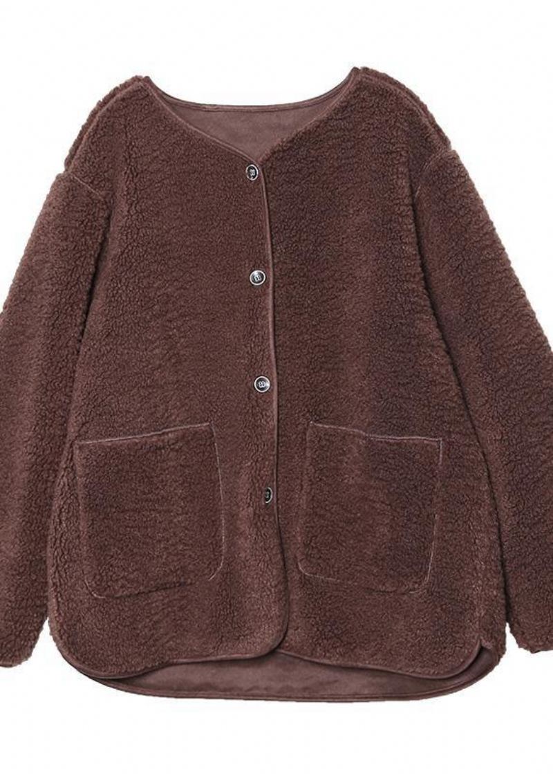 Manteau Fin Veste Chocolat Col Rond Bouton Vestes En Laine - Manteaux en laine femmes