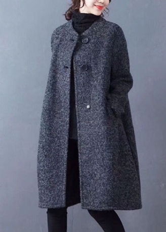 Manteau Français En Laine Solide Surdimensionné Col Rond Gris Foncé Vêtements D'extérieur Hiver