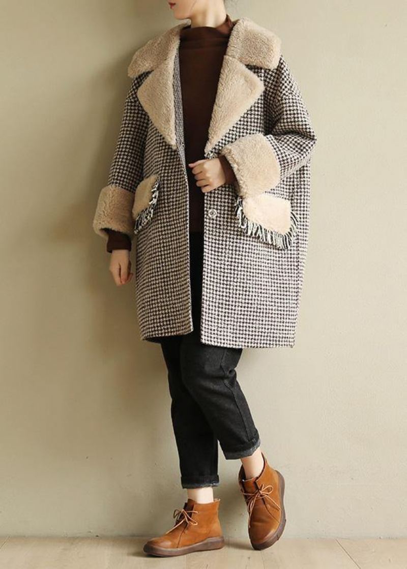 Manteau D'hiver Élégant Grande Taille Veste Patchwork À Carreaux Deux Poches Manteaux En Laine