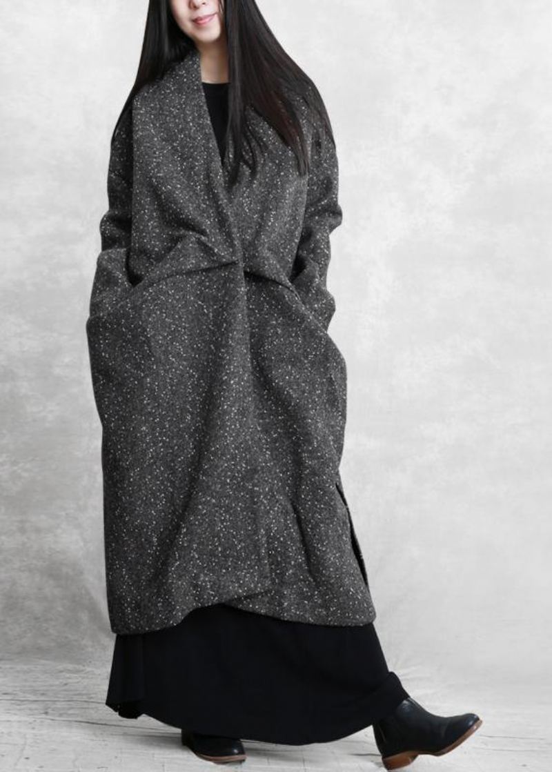 Manteau D'hiver Élégant En Laine Imprimé Gris Surdimensionné Ouvert Sur Le Côté - Manteaux en laine femmes