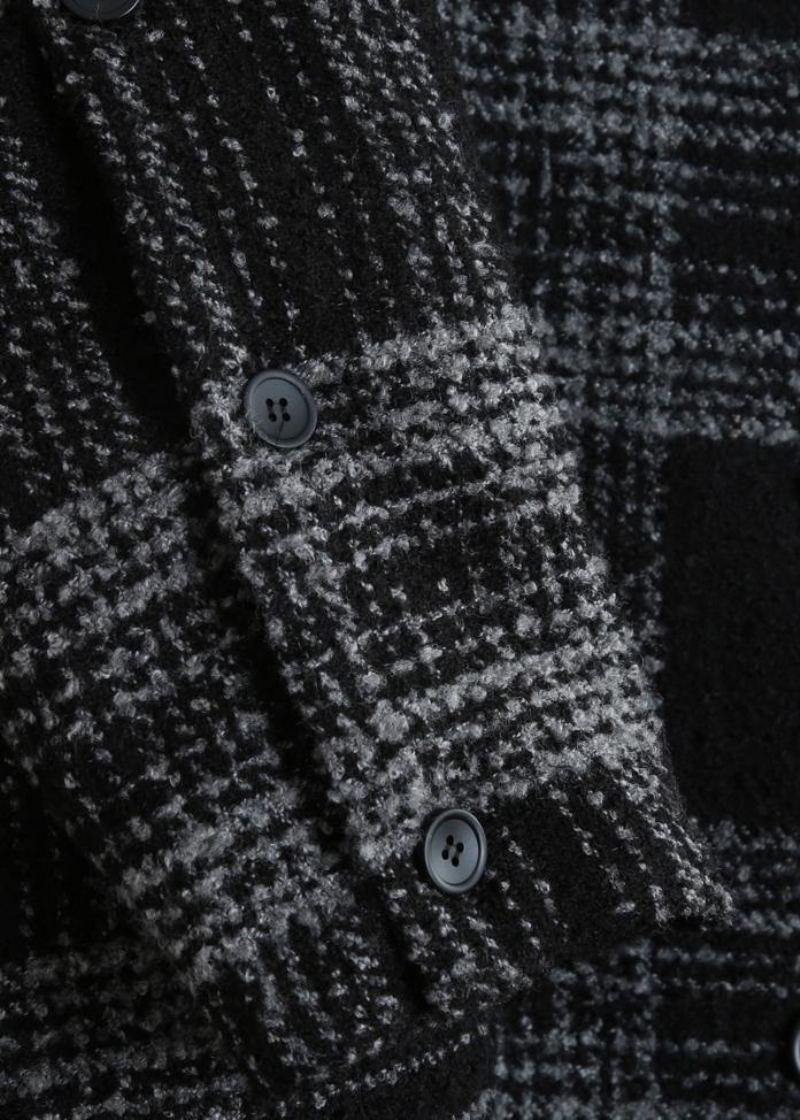 Manteau D'hiver De Grande Taille Vêtements D'extérieur À Carreaux Noirs À Capuche Patchwork Manteaux En Laine - Manteaux en laine femmes