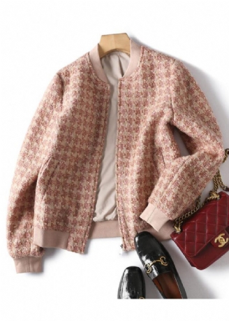 Manteau D'hiver En Laine À Carreaux Rose Avec Fermeture Éclair