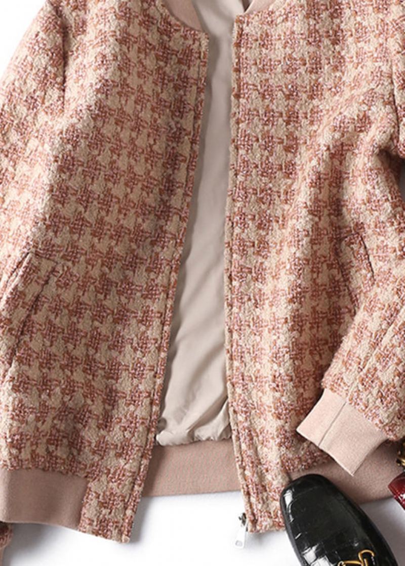 Manteau D'hiver En Laine À Carreaux Rose Avec Fermeture Éclair - Manteaux en laine femmes