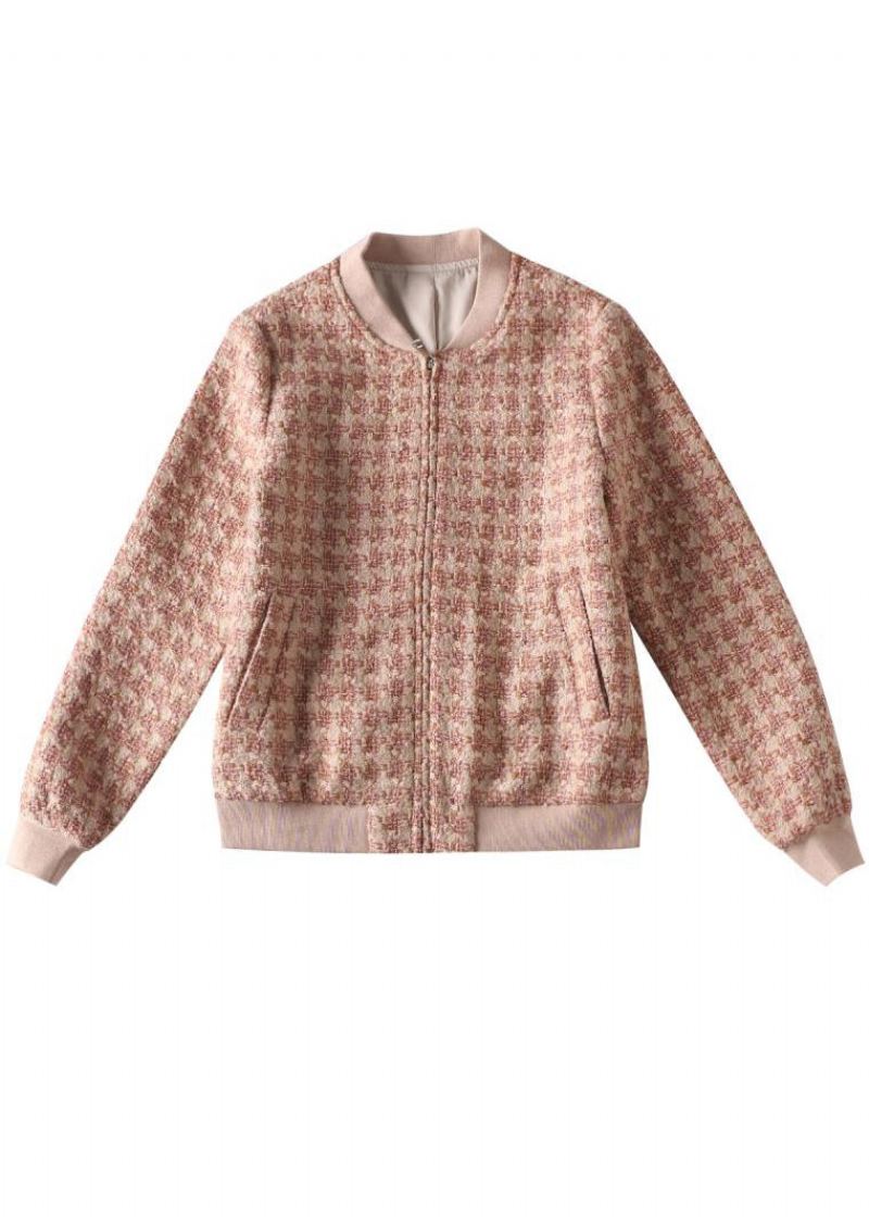 Manteau D'hiver En Laine À Carreaux Rose Avec Fermeture Éclair - Manteaux en laine femmes