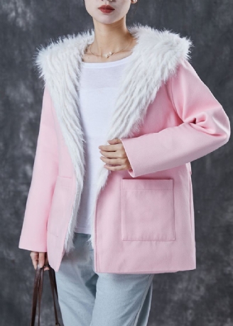 Manteau D'hiver En Laine Doublé De Renard Pelucheux Avec Poches À Capuche Roses Élégantes