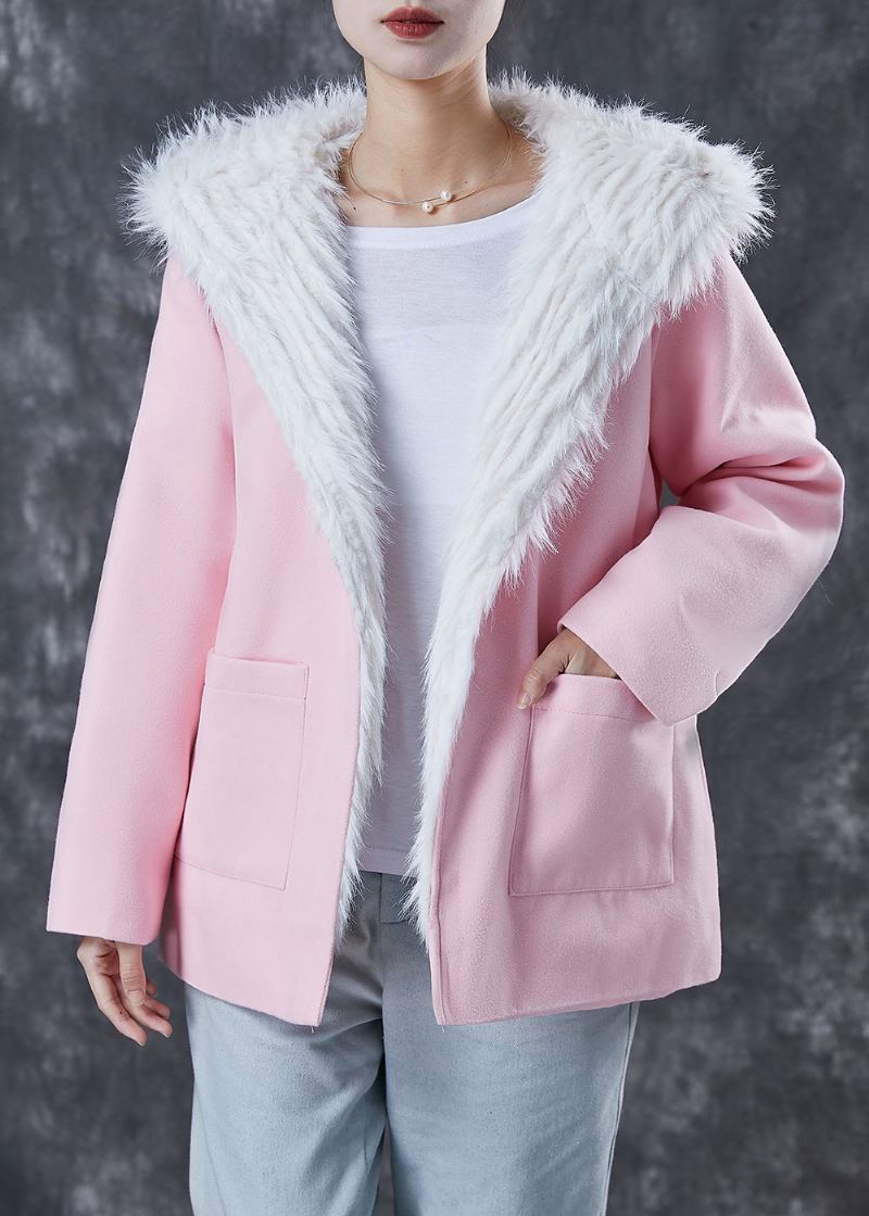 Manteau D'hiver En Laine Doublé De Renard Pelucheux Avec Poches À Capuche Roses Élégantes - Manteaux en laine femmes