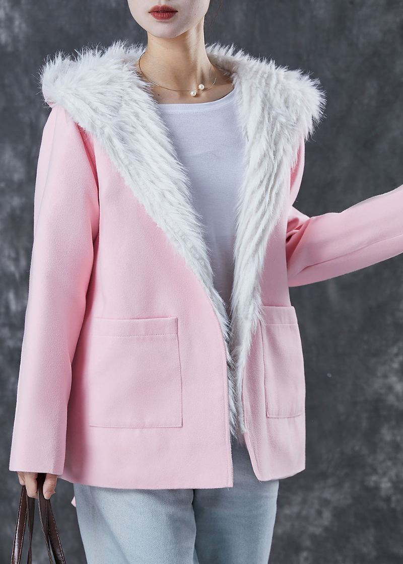 Manteau D'hiver En Laine Doublé De Renard Pelucheux Avec Poches À Capuche Roses Élégantes - Manteaux en laine femmes