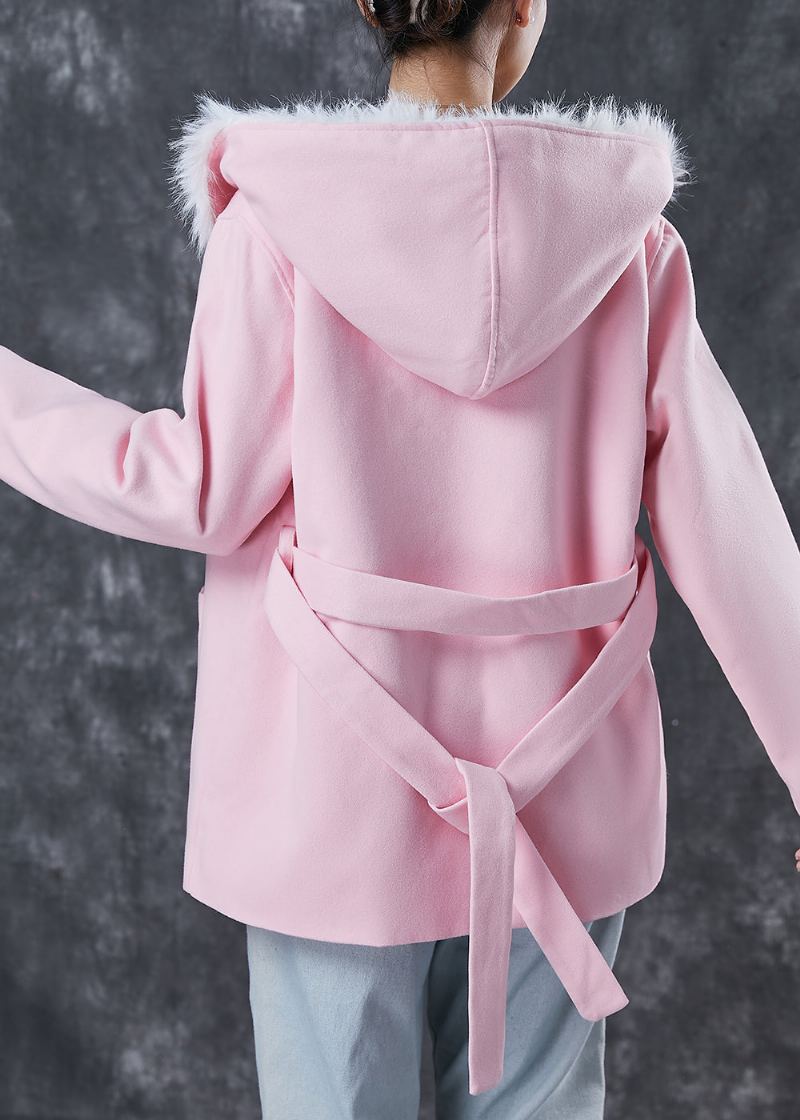 Manteau D'hiver En Laine Doublé De Renard Pelucheux Avec Poches À Capuche Roses Élégantes - Manteaux en laine femmes