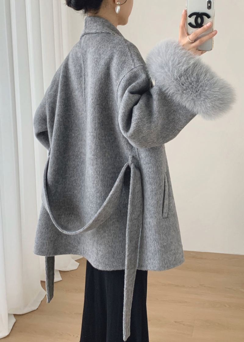 Manteau D'hiver En Laine Gris Français Poches À Nouer À La Taille Patchwork - Manteaux en laine femmes