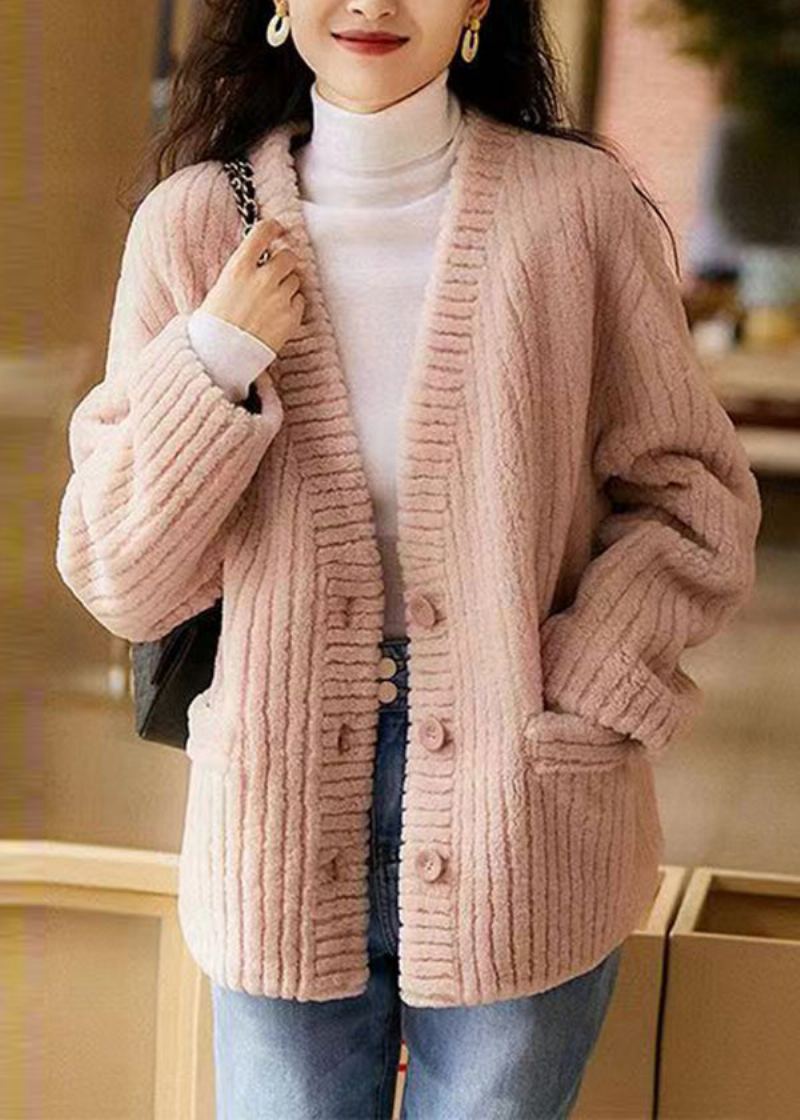 Manteau D'hiver En Laine Rose Naturel Avec Poches À Col En V Et Patchwork