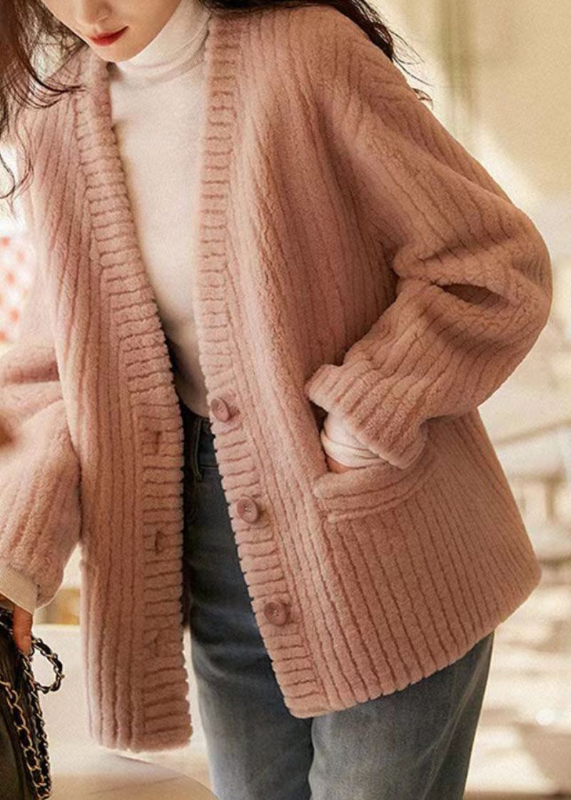 Manteau D'hiver En Laine Rose Naturel Avec Poches À Col En V Et Patchwork - Manteaux en laine femmes