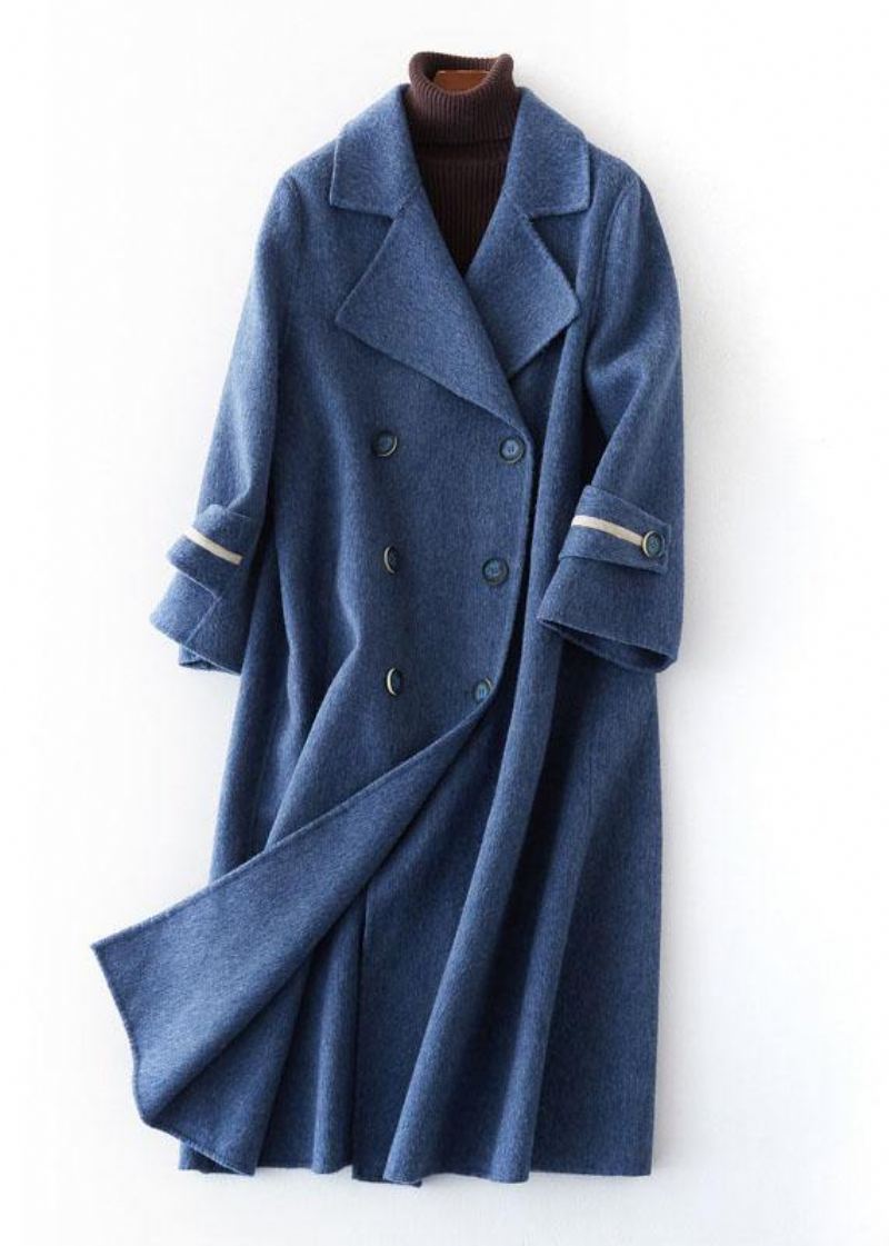 Manteau D'hiver Long Surdimensionné À La Mode Double Poitrine Vêtements D'extérieur Vestes En Laine Crantée Bleu Denim