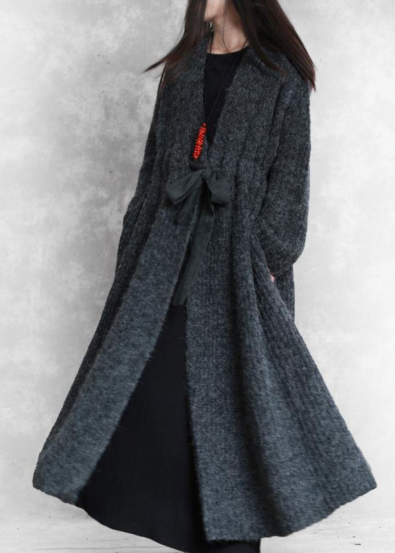 Manteau D'hiver Long Surdimensionné À La Mode Gris Foncé Col En V En Laine Avec Cordon De Serrage Pour Femme - Gris Foncé