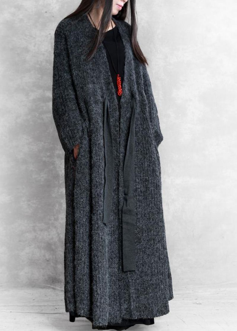 Manteau D'hiver Long Surdimensionné À La Mode Gris Foncé Col En V En Laine Avec Cordon De Serrage Pour Femme - Gris Foncé