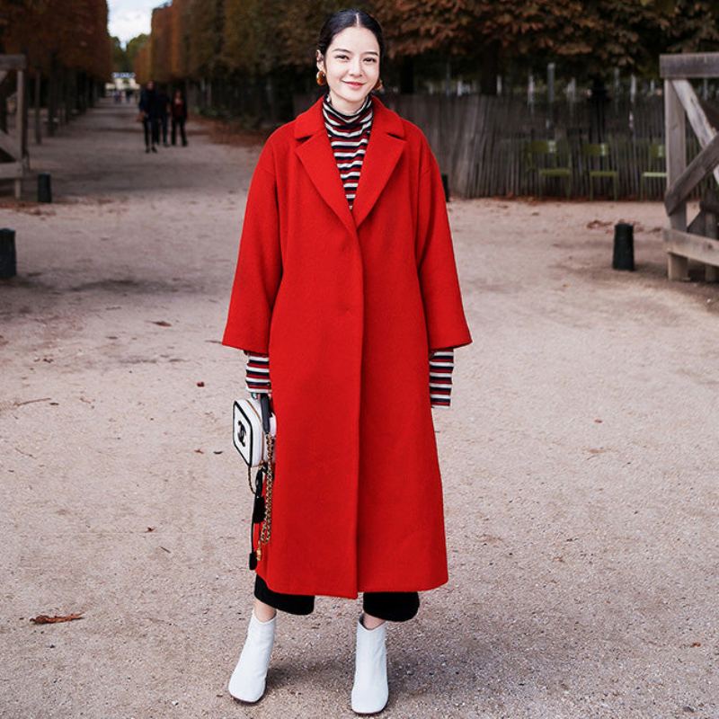 Manteau D'hiver Rouge Pour Femme Grande Taille En Laine Crantée Poches Vintage Cravate À La Vestes En - Manteaux en laine femmes