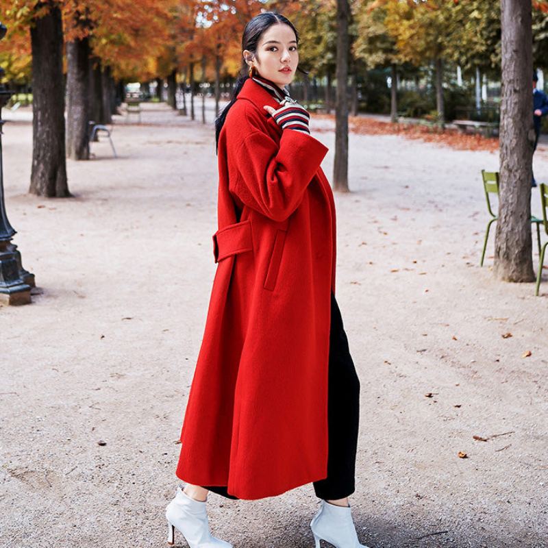 Manteau D'hiver Rouge Pour Femme Grande Taille En Laine Crantée Poches Vintage Cravate À La Vestes En - Manteaux en laine femmes