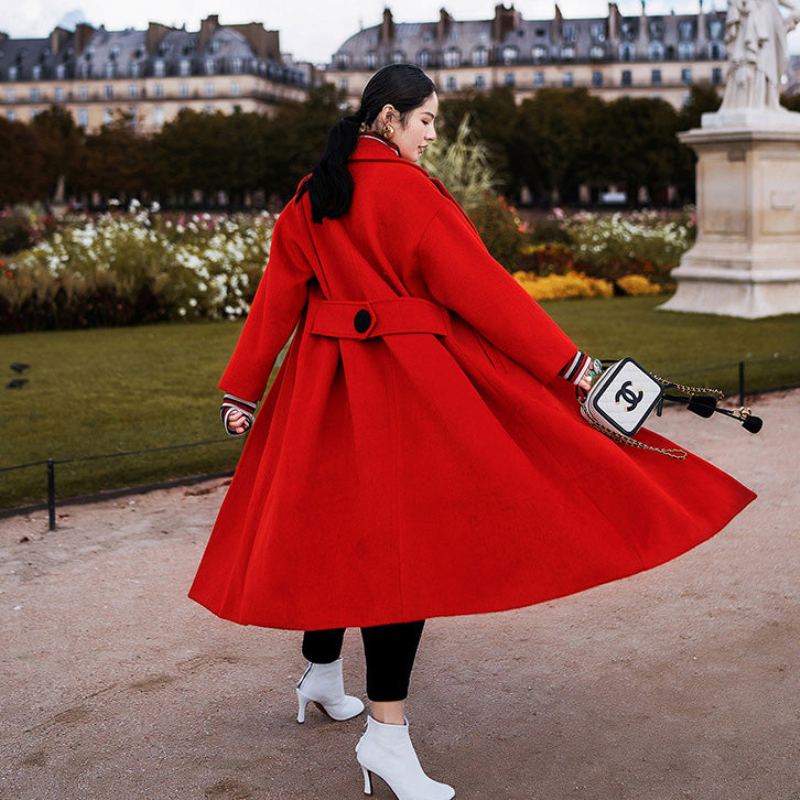 Manteau D'hiver Rouge Pour Femme Grande Taille En Laine Crantée Poches Vintage Cravate À La Vestes En - Manteaux en laine femmes