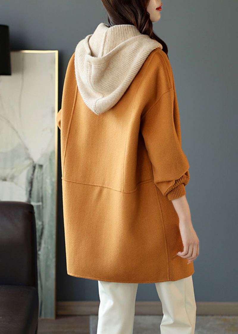 Manteau En Laine Ample À Capuche Orange Avec Poches Boutonnées Patchwork Automne - Manteaux en laine femmes