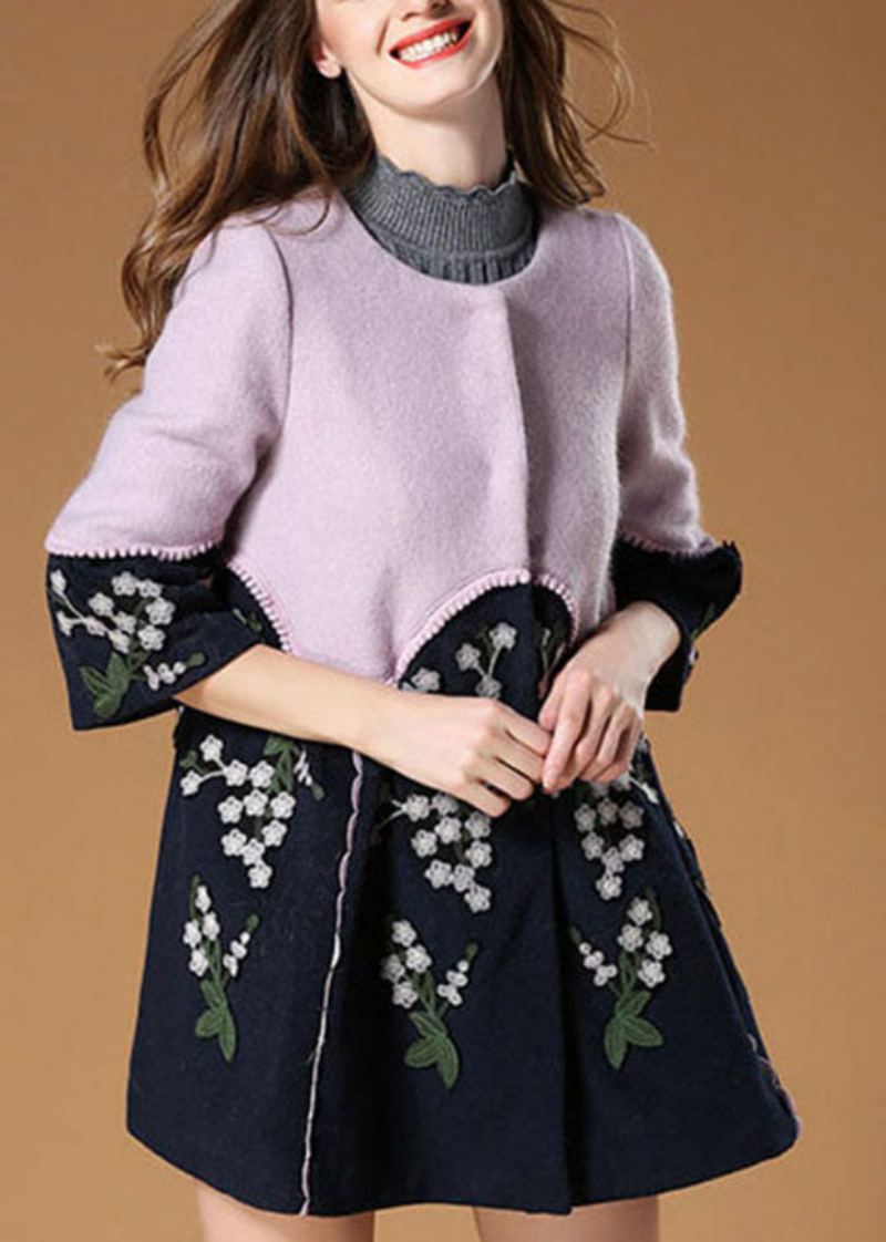 Manteau En Laine D'automne Élégant Avec Patchwork Violet Brodé De Fleurs - Manteaux en laine femmes