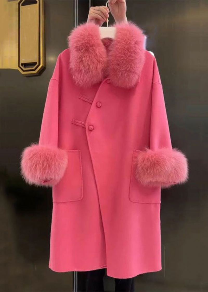 Manteau En Laine Avec Poches Boutonnées Et Col En Fourrure Rose Française Printemps