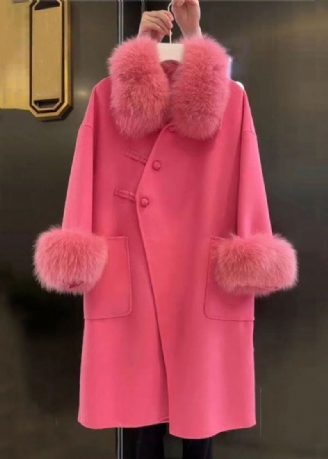 Manteau En Laine Avec Poches Boutonnées Et Col En Fourrure Rose Française Printemps