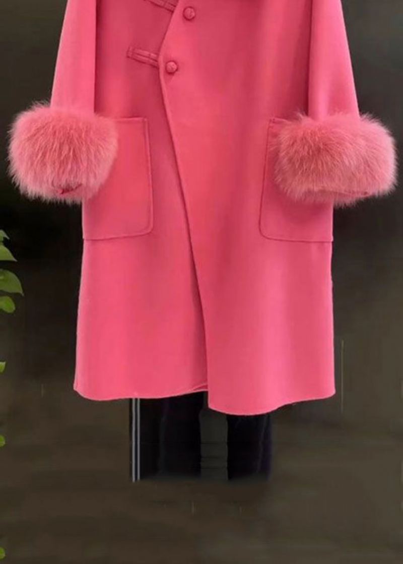 Manteau En Laine Avec Poches Boutonnées Et Col En Fourrure Rose Française Printemps - Manteaux en laine femmes