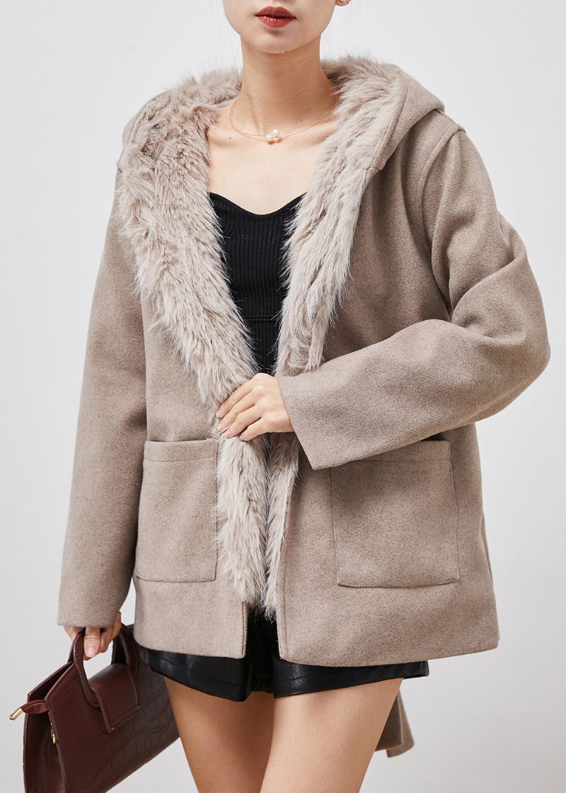 Manteau En Laine Avec Poches À Capuche Kaki Simple Doublé De Renard Pelucheux Hiver - Manteaux en laine femmes