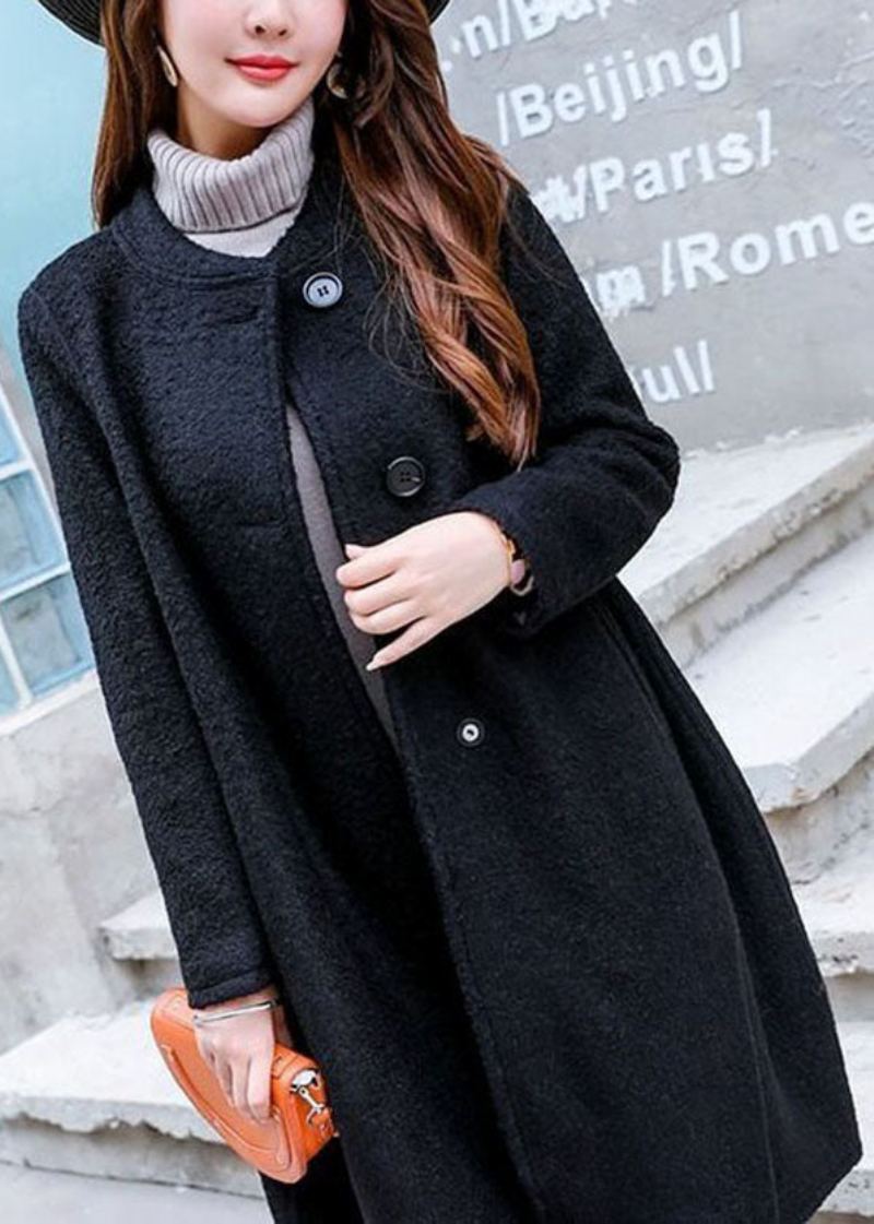 Manteau En Laine Avec Poches Noires Vêtement D'extérieur Col Rond Bouton Hiver - Noir