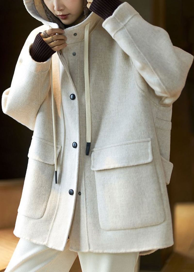 Manteau En Laine Beige À Capuche Pour Femmes Poches Patchwork Printemps - Manteaux en laine femmes