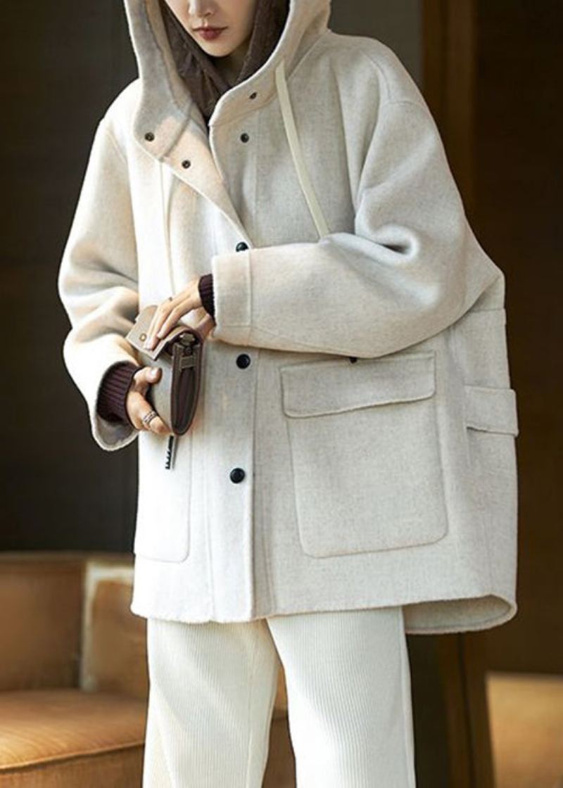 Manteau En Laine Beige À Capuche Pour Femmes Poches Patchwork Printemps - Manteaux en laine femmes