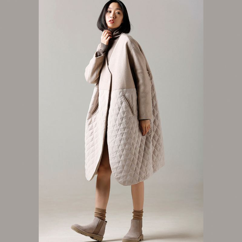 Manteau En Laine Beige À La Mode Longueur Moyenne Patchwork Col En V - Manteaux en laine femmes